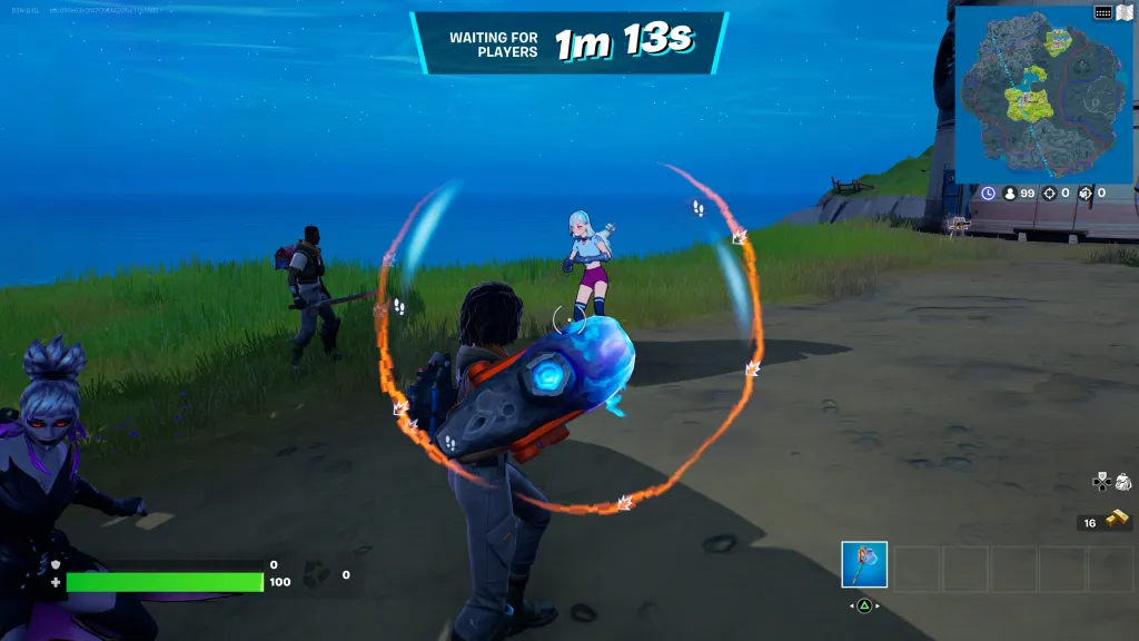 A screenshot of Fortnite. A player stands on a colorful dock in a tropical area. The game's usual UI is anchored to various parts of the screen. A red semi-circle in the center of the screen flickers and warps, indicating footsteps in a certain direction.
